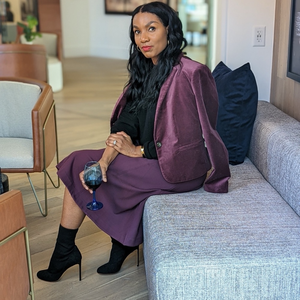 Fitted Velvet Blazer And A-line Panel Skirt